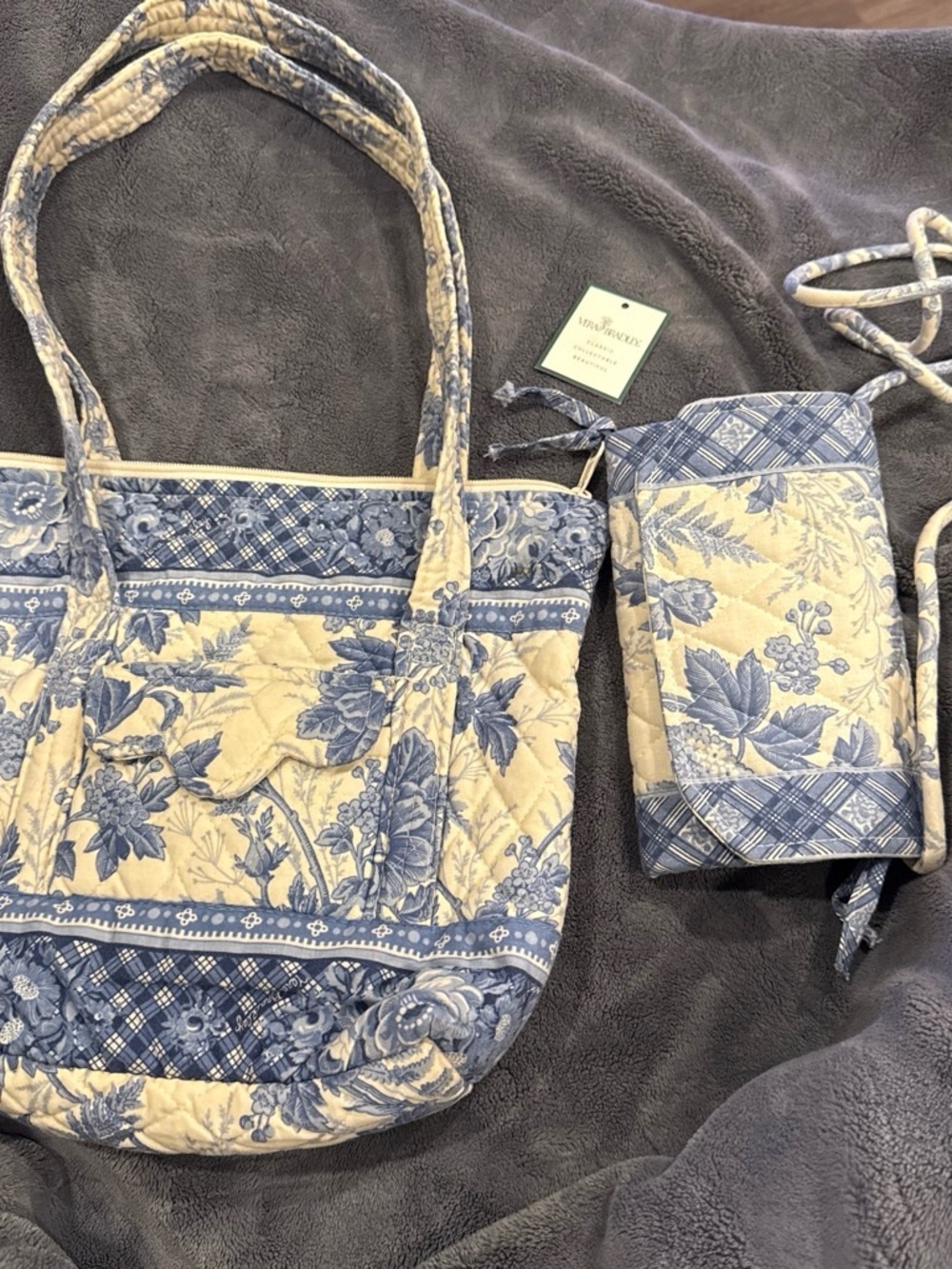 Vera Bradley Blue and Cream Quilted Floral Tote w/ Matching Crossbody Blue Toile